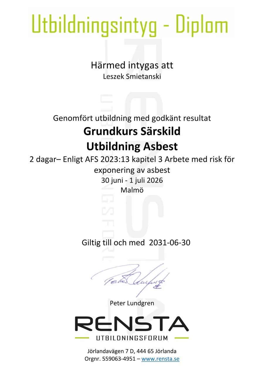 Utbildningsintyg — Grundkurs Särskild Utbildning Asbest enligt AFS 2023:13, giltigt till 2031