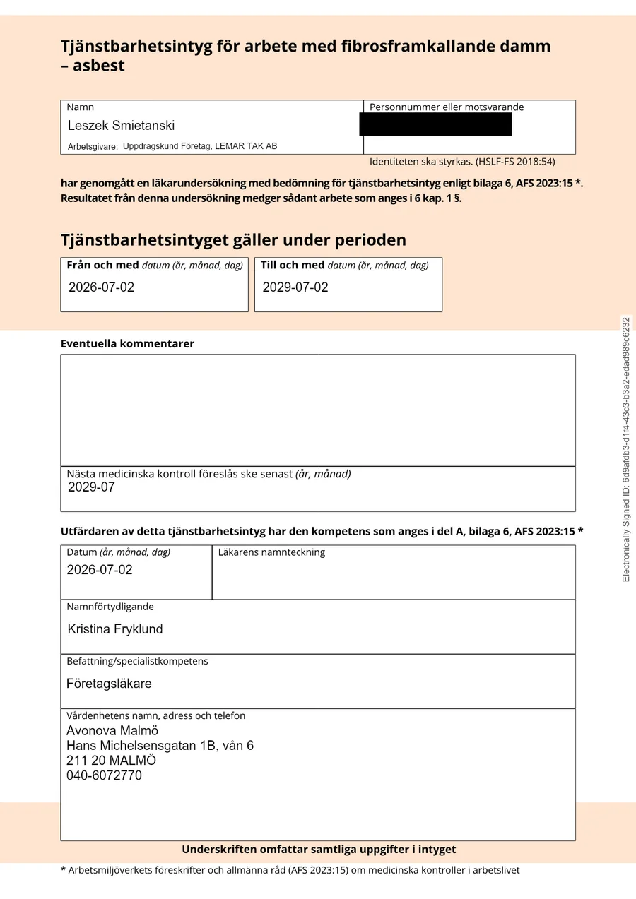 Tjänstbarhetsintyg för arbete med fibrosframkallande damm — asbest, giltigt till 2029